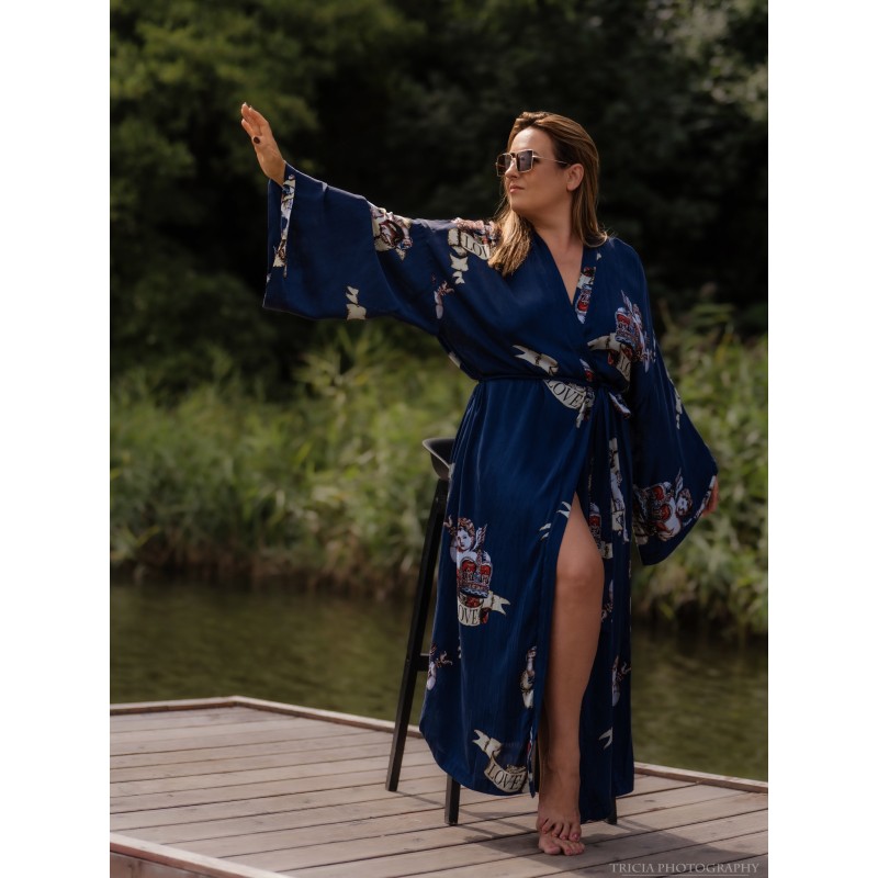 Wolfly damskie Kimono JEDWABNE długie granatowe w anioły - 3