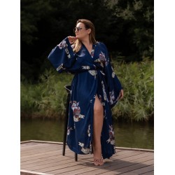 Wolfly damskie Kimono JEDWABNE długie granatowe w anioły - 4
