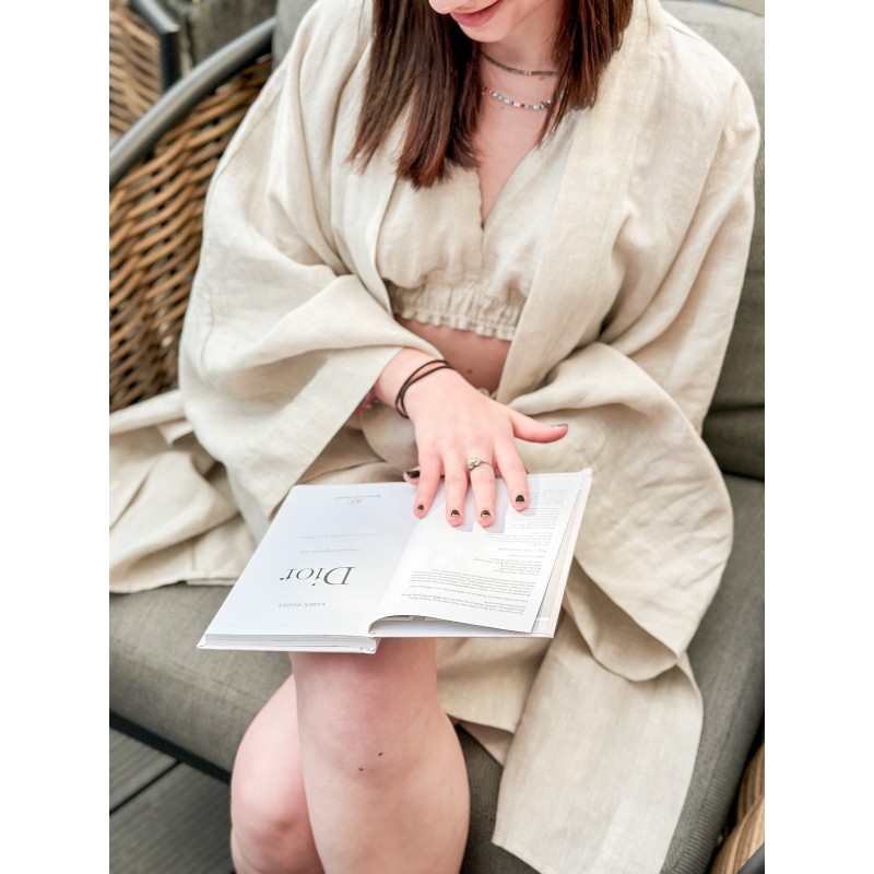 Wolfly damskie kimono lniane szlafrok z lnu wiązane naturalne - 5