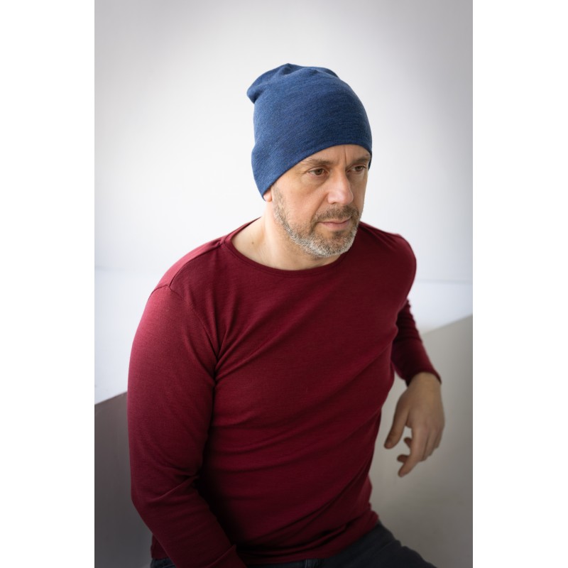Wolfly meska czapka z wełny merino bezszwowa cienka niebieski denim - 1