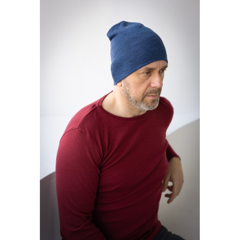 Wolfly meska czapka z wełny merino bezszwowa cienka niebieski denim - 2