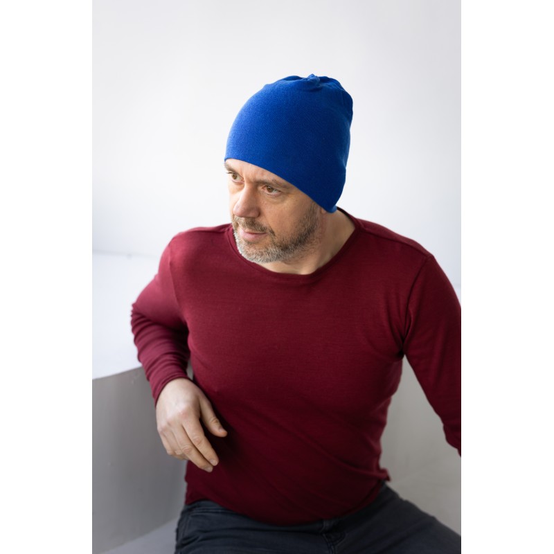Wolfly meska czapka z wełny merino bezszwowa cienka niebieski denim - 2