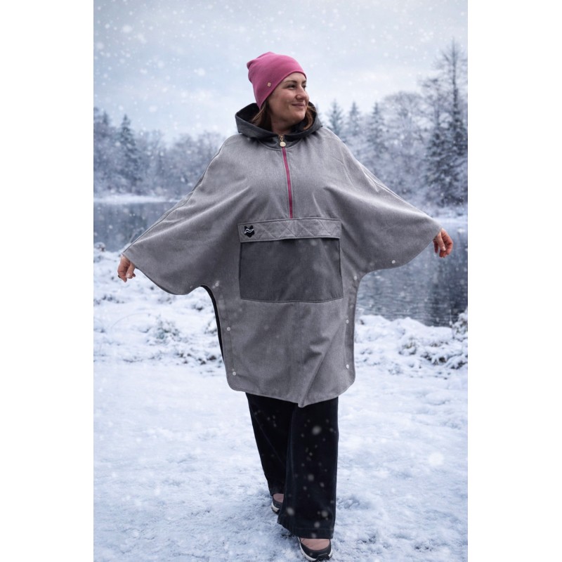 Wolfly damskie poncho do morsowania z kapturem rozpinane przeciwdeszczowe jasny szary melanż - 4