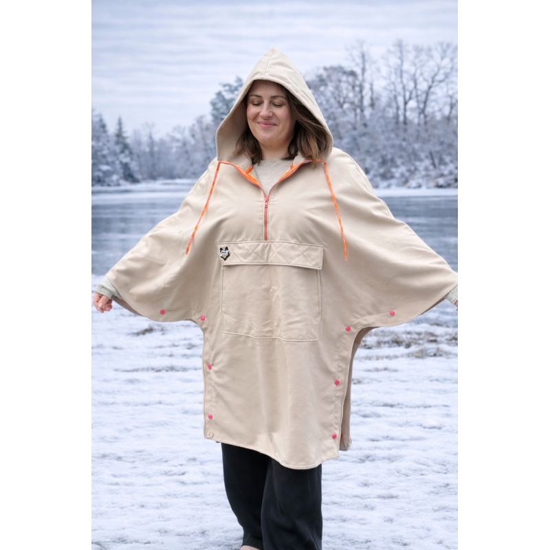 Wolfly damskie poncho do morsowania bluza z kapturem regulowane przeciwdeszczowe beżowe - 3