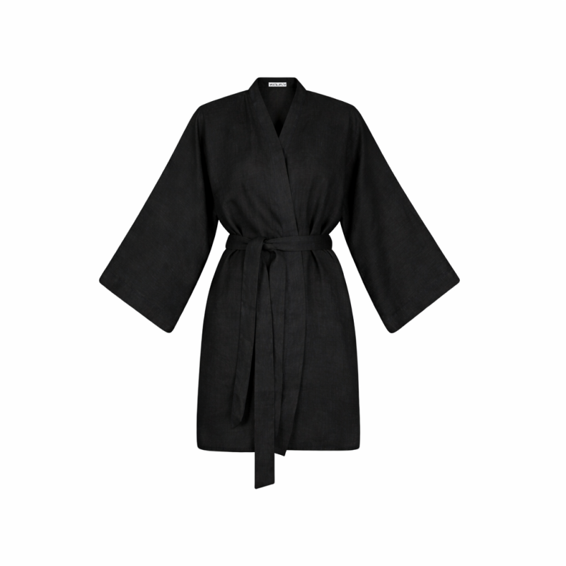 copy of Wolfly damskie krótkie kimono plażowe lniane narzutka z lnu wiązane czarny - 5