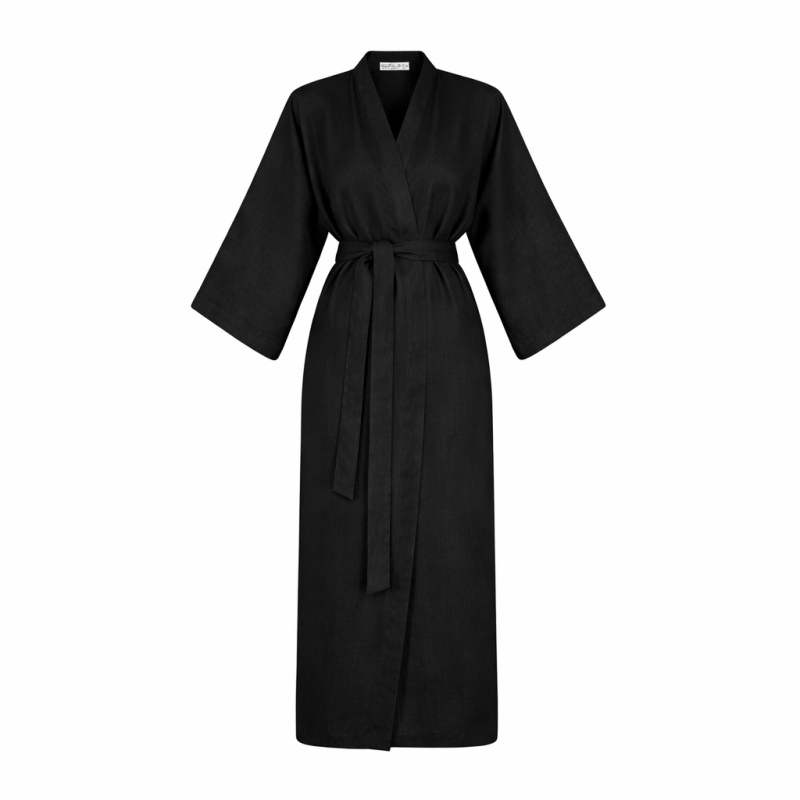 Wolfly damskie kimono długie plażowe lniane z lnu wiązane czarny - 1