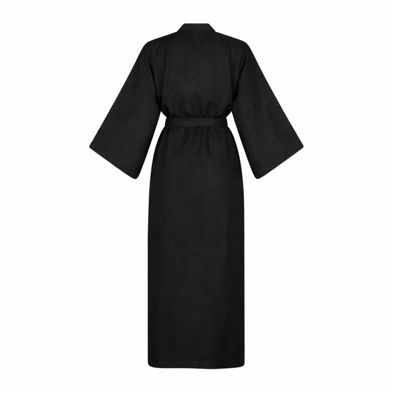 Wolfly damskie kimono długie plażowe lniane z lnu wiązane czarny - 2