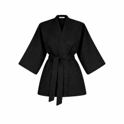Wolfly damskie krótkie kimono plażowe lniane narzutka z lnu wiązane czarny - 1