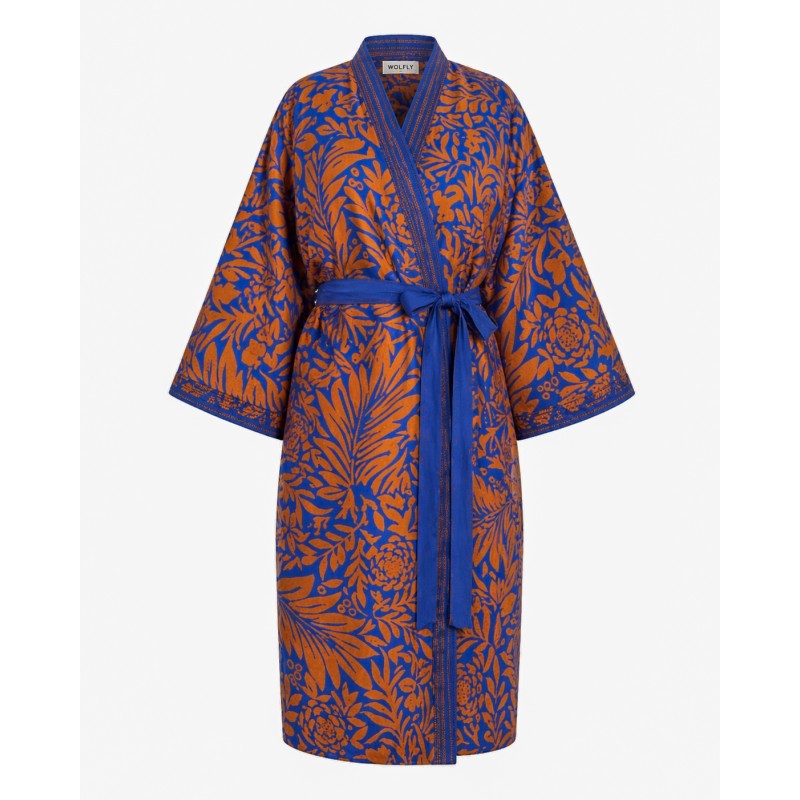 Wolfly długie damskie kimono z wiskozy narzutka plażowa oversize wzorzysty niebiesko-brązowy - 1