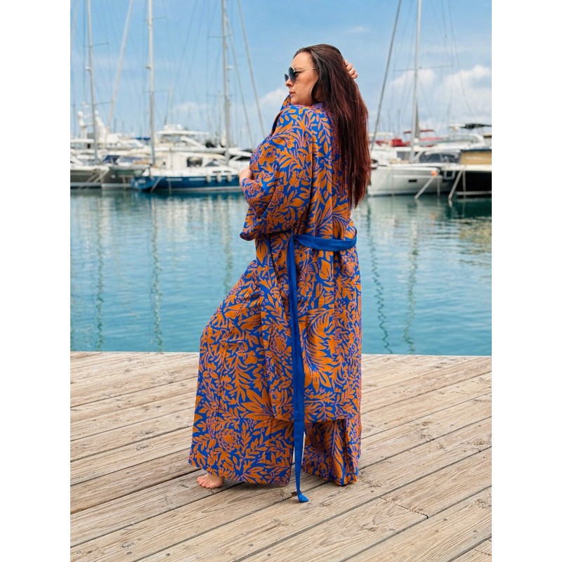 Wolfly długie damskie kimono z wiskozy narzutka plażowa oversize wzorzysty niebiesko-brązowy - 5