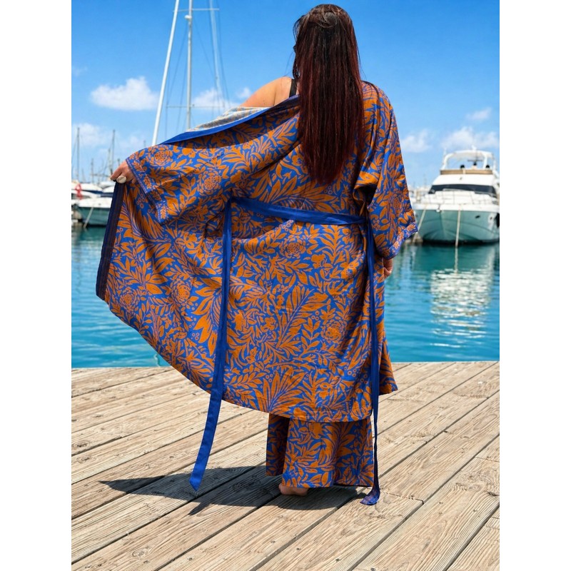 Wolfly długie damskie kimono z wiskozy narzutka plażowa oversize wzorzysty niebiesko-brązowy - 6