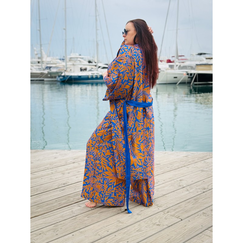 Wolfly długie damskie kimono z wiskozy narzutka plażowa oversize wzorzysty niebiesko-brązowy - 8