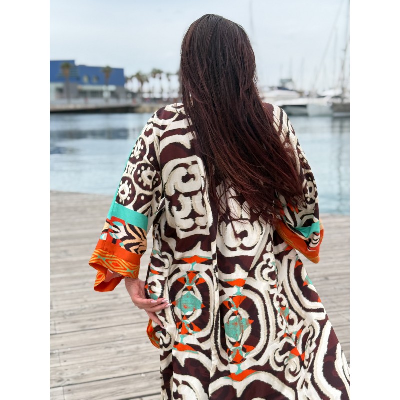 Wolfly długie damskie kimono z wiskozy narzutka plażowa oversize etniczny wzór - 9