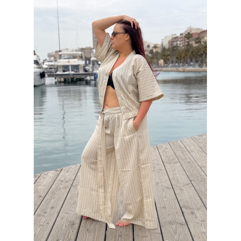 Wolfly damskie krótkie kimono z lnu szlafrok lniany naturalny