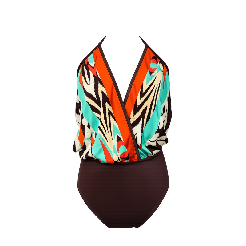 Wolfly limitowany strój kąpielowy bluzka plażowa luz blouse, bez fiszbin, body 2w1, połyskująca tkanina wielkolorowa wiskoza