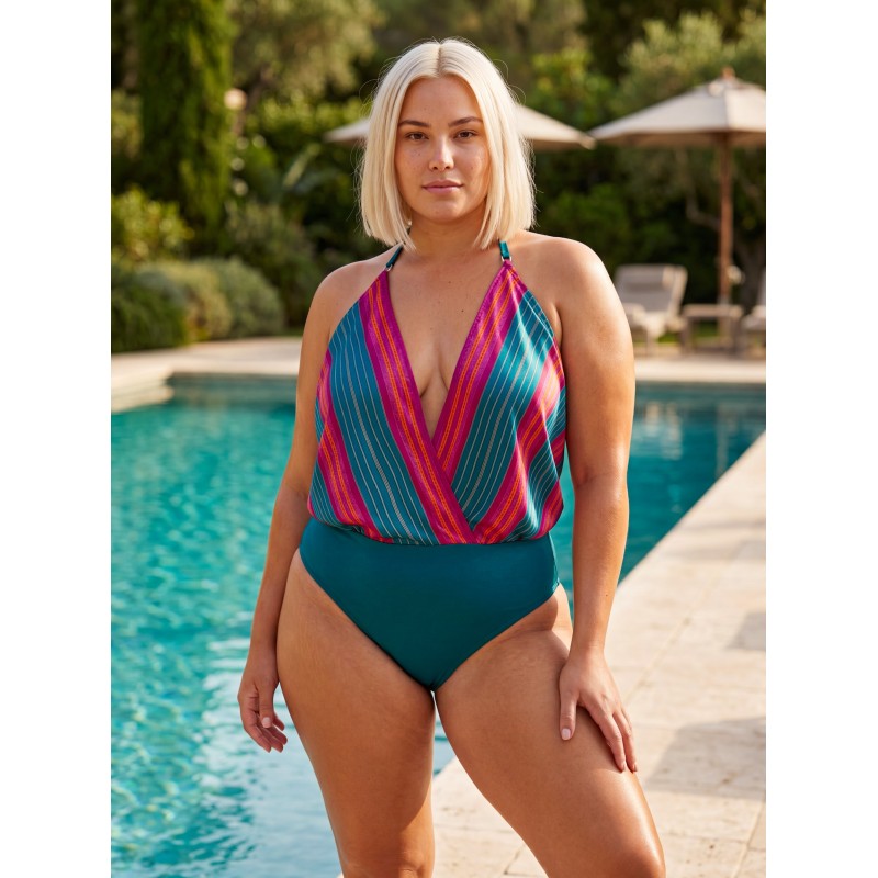 Wolfly limitowany strój kąpielowy bluzka plażowa luz blouse, bez fiszbin, body 2w1, połyskująca tkanina wielkolorowa wiskoza
