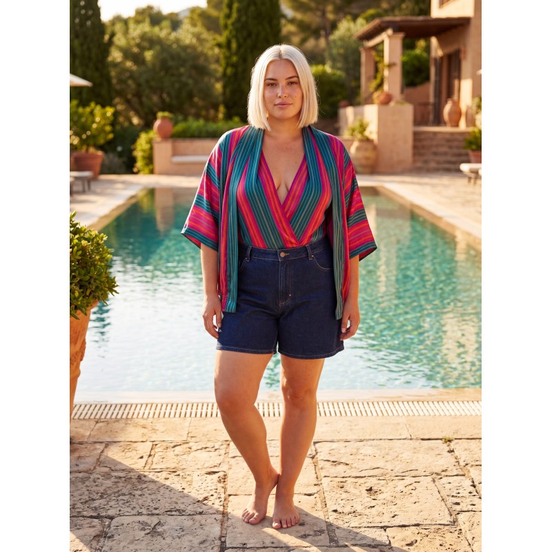 Wolfly limitowany strój kąpielowy bluzka plażowa luz blouse, bez fiszbin, body 2w1, połyskująca tkanina wielkolorowa wiskoza